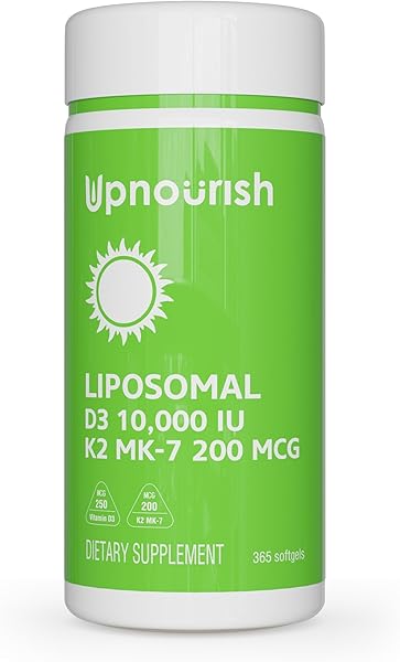 UpNourish Liposomal D3 K2 Vitamin 10000 IU D3 and K2 MK-7 200 mcg - 365 Vitamin D3 k2 (Vitamina D3 con K2) Mini Softgels - Easy to Swallow K2 D3 Vitamin Supplement
