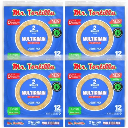 Mr. Tortilla 2 Net Carb Tortillas – Low Carb Keto Soft Taco Shells for Wraps, Quesadillas & Tostadas - Healthy Vegan Tortilla Wraps with No Cholesterol - Low on Calories & Fat (Multigrain, 48 Tortillas)