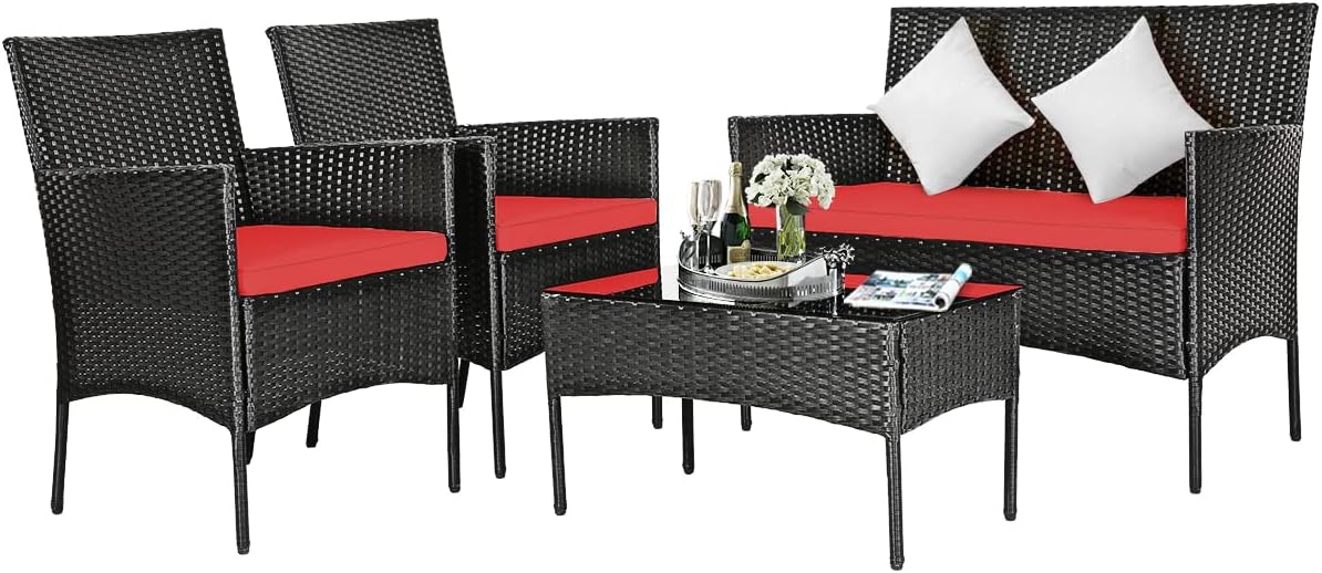 DORTALA Wicker Patio Furniture Set 4 Piece, Rattan Outdoor Table and Chairs Set with Loveseat, Cushions, All Weather Balcony Conversation Sofa Set for Porch, Backyard, Deck, Beige