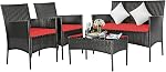 DORTALA Wicker Patio Furniture Set 4 Piece, Outdoor Table and Chairs & Cushions, Loveseat, All-Weather Rattan Conversation Sofa Set for Balcony, Porch, Backyard, Deck, Beige