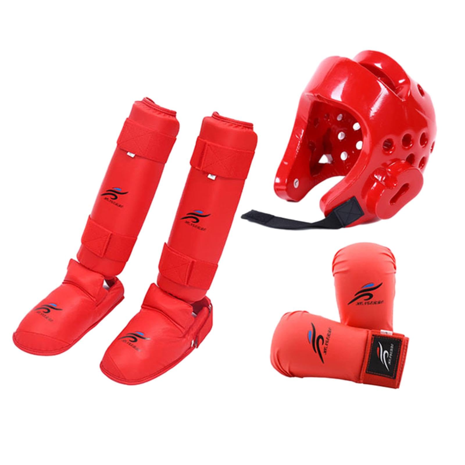 rockible Karate Sparring Gear Set Gloves Training Gear Workout Boxing Head Gear with Shin Guards Protective Sparring Gear for MMA Sanda Taekwondo Karate, Red XL
