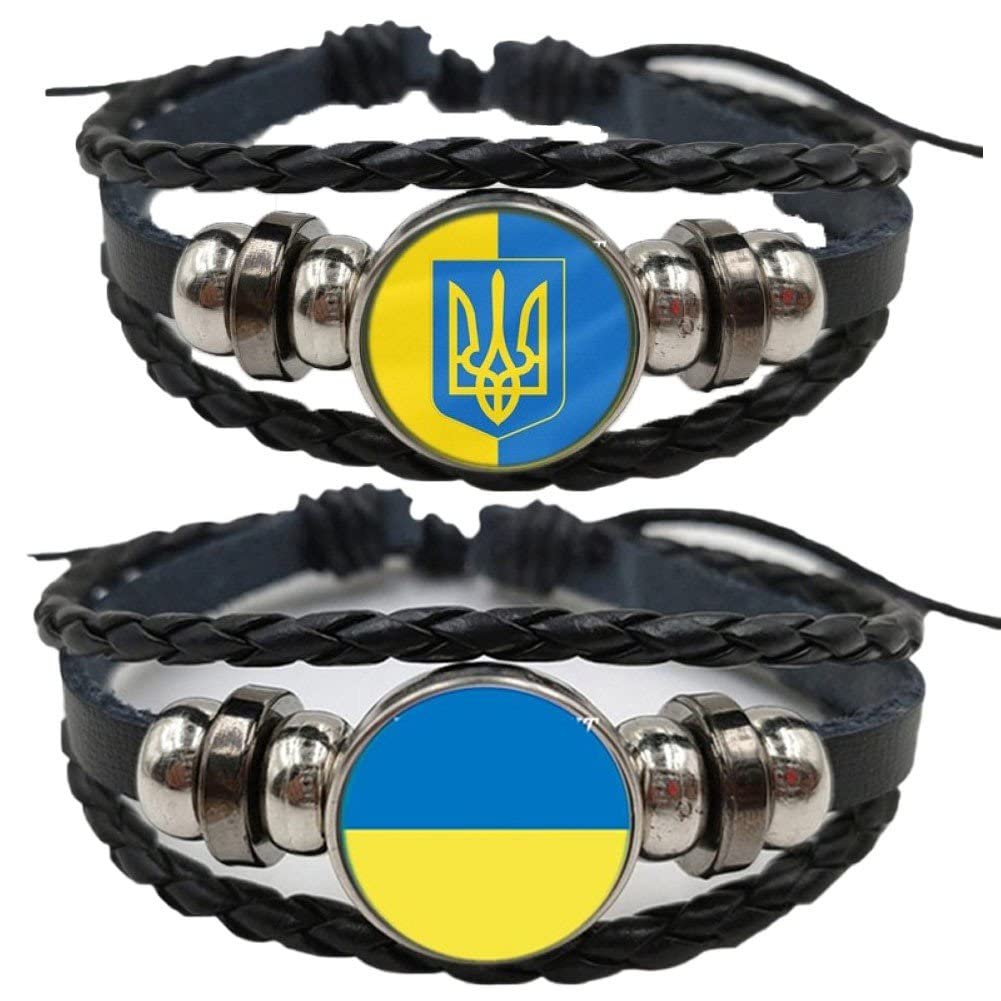 Fituenly Women's Trident+Time Stone 2Pcs Multilayer Leather Bracelet Ukrainian Flag Interchangeable Time Stone Symbol Flag Rune Leather Bangle Punk Jewelry