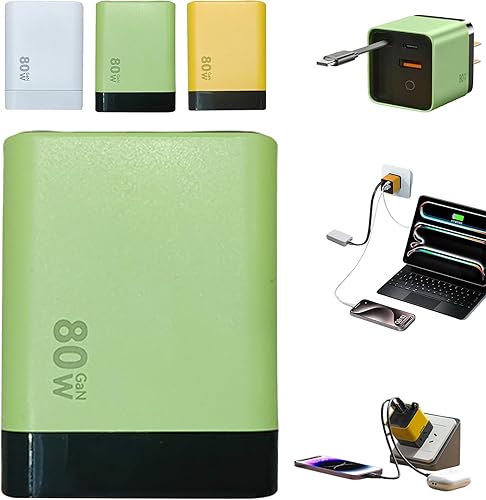 Cargador Gan 3 en 1, módulo de cargador rápido escalable de 80 W máximo, cargador todo en uno de 80 W, enchufe de pared retráctil con cable tipo C y