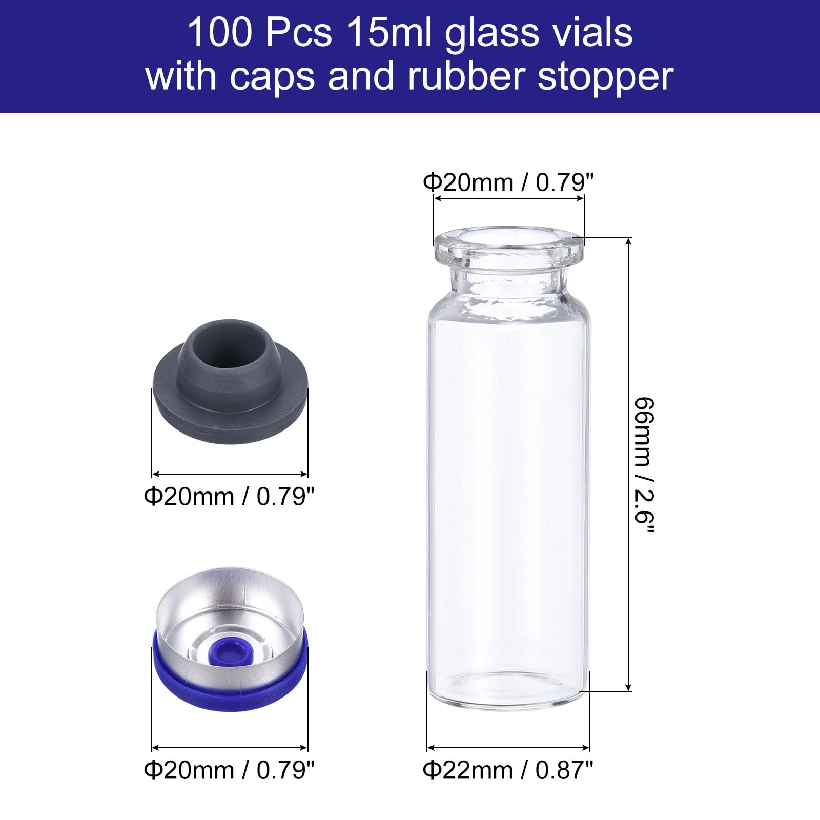 PATIKIL 15ml Frasco de Vidrio Pequeño 100uds Vacíos Botella de Muestra Mini Transparente con Tapas Tapón de Goma para Laboratorio Inyección de Plantas Transparente