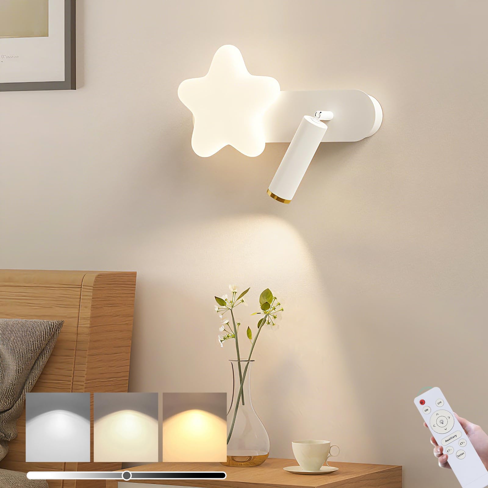 Lampa ścienna LED do wnętrz ze ściemnialną lampą ścienną z pilotem obrotowym 360° Lampka nocna do czytania dla dzieci, nowoczesne oświetlenie ścienne do sypialni, salonu, chłopców, dziewcząt