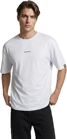 Erkek Oversize%100 Pamuk Bisiklet Yaka Baskılı Tok Kumaş Basic Tişört