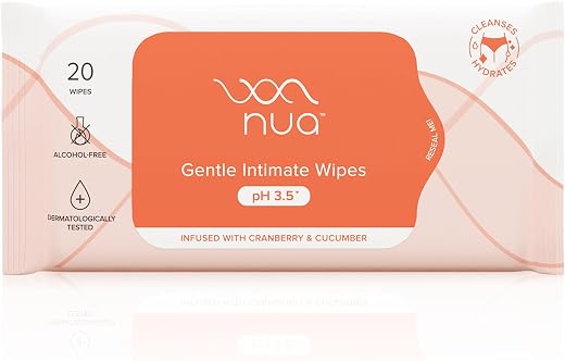 Nua Gentle Intimate Wipes | Infused with Cranberry, Cucumber and Aloe | Alcohol and Artificial-Fragrance Free | 100% Biode...