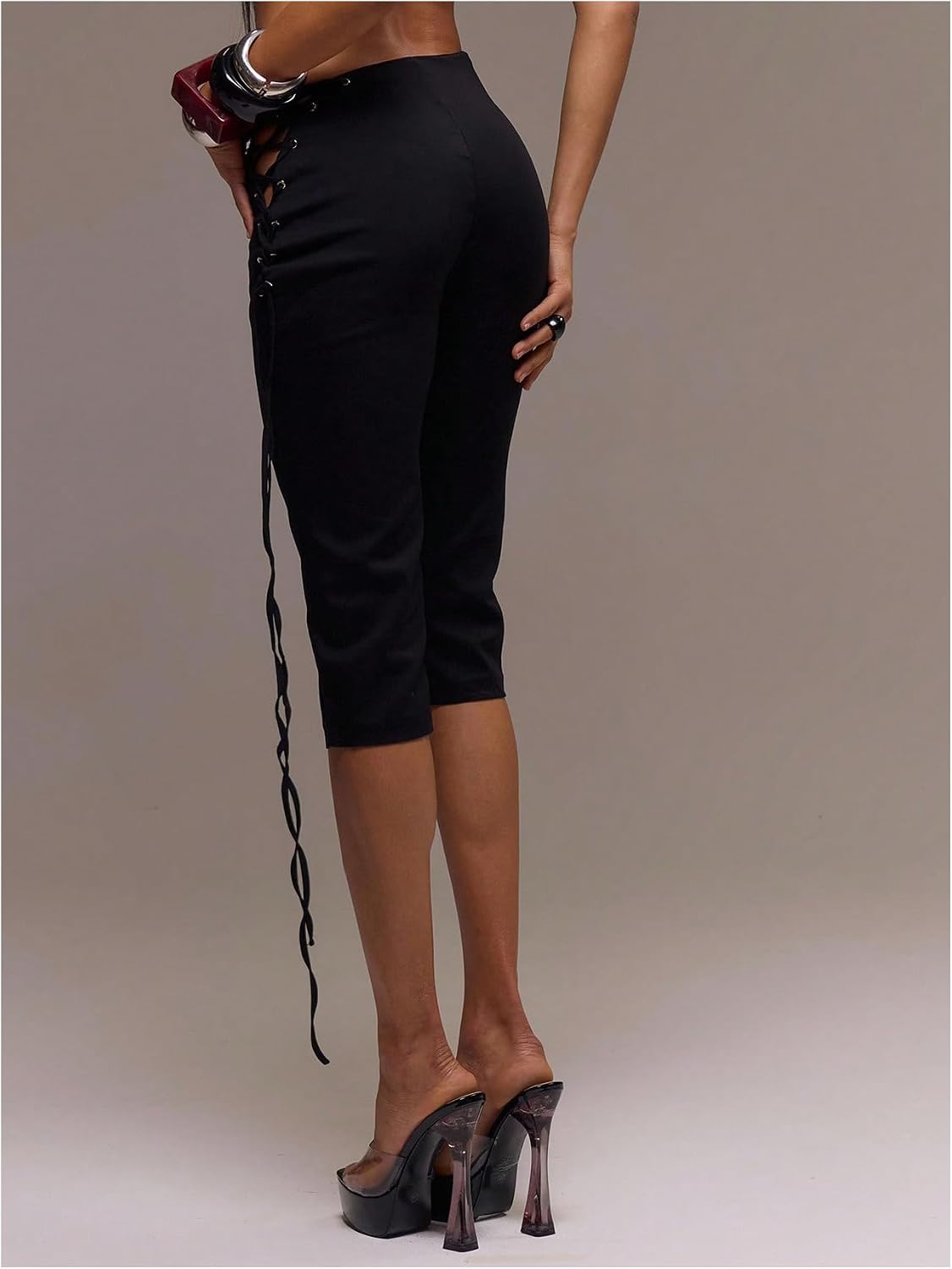 Floerns Women's Lace Up Side Low Rise Capri Pants Date Night Outfit Leggings