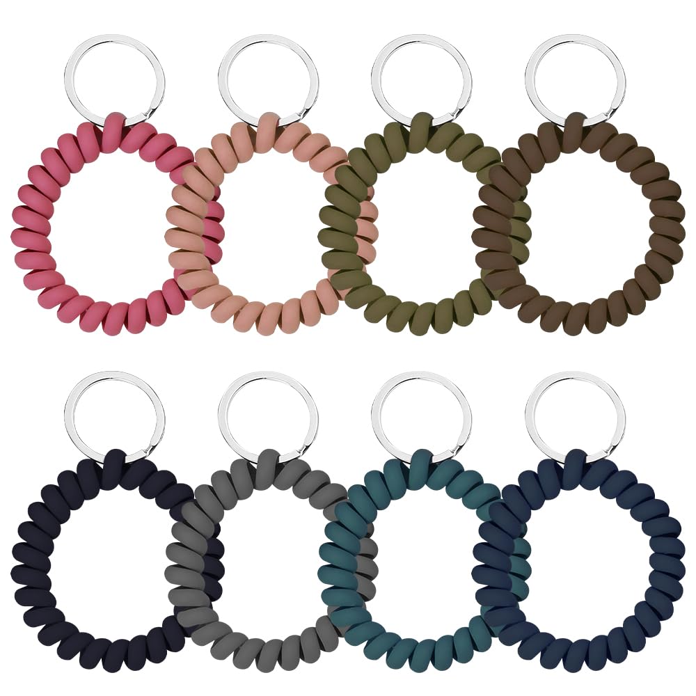 TRKETK 8 Pcs Keychain Wristlet Plastic Spring Wrist Key Chain Wristlet Flexible Waterproof Spiral Wrist Key Ring for Women Men to Sauna Gym Pool Outdoor Sports Activity Hair Ties (8 Colors)