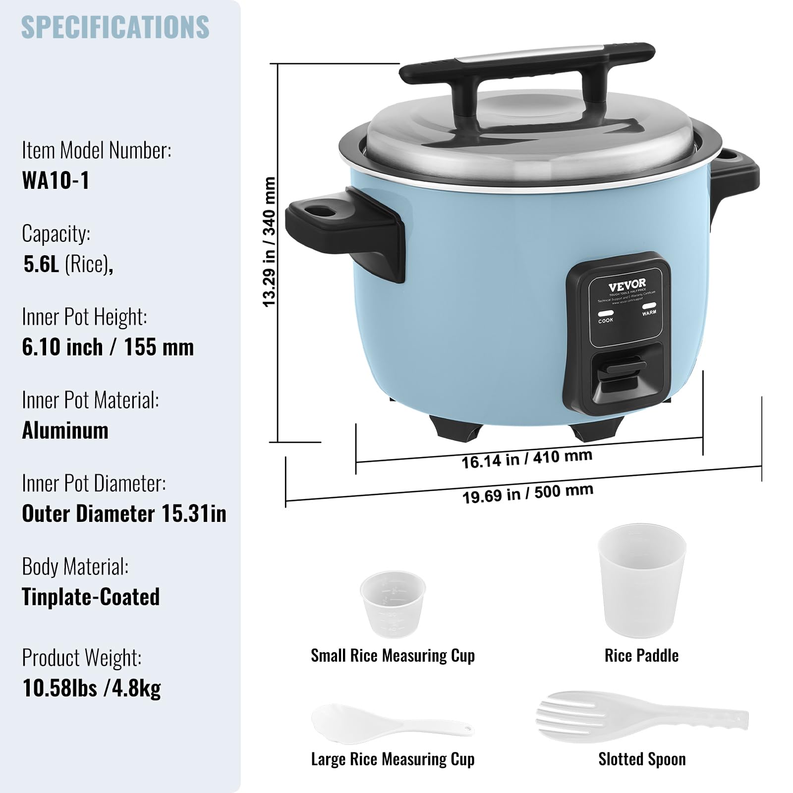 VEVOR Cuiseur à Riz Commercial, Auto-cuiseur de Riz 60 Tasses 13 Litres, Pot Intérieur Antiadhésif, Cuisson Rapide et Maintien au Chaud 24 Heures, avec Verre Doseur et Spatule, pour Restaurant