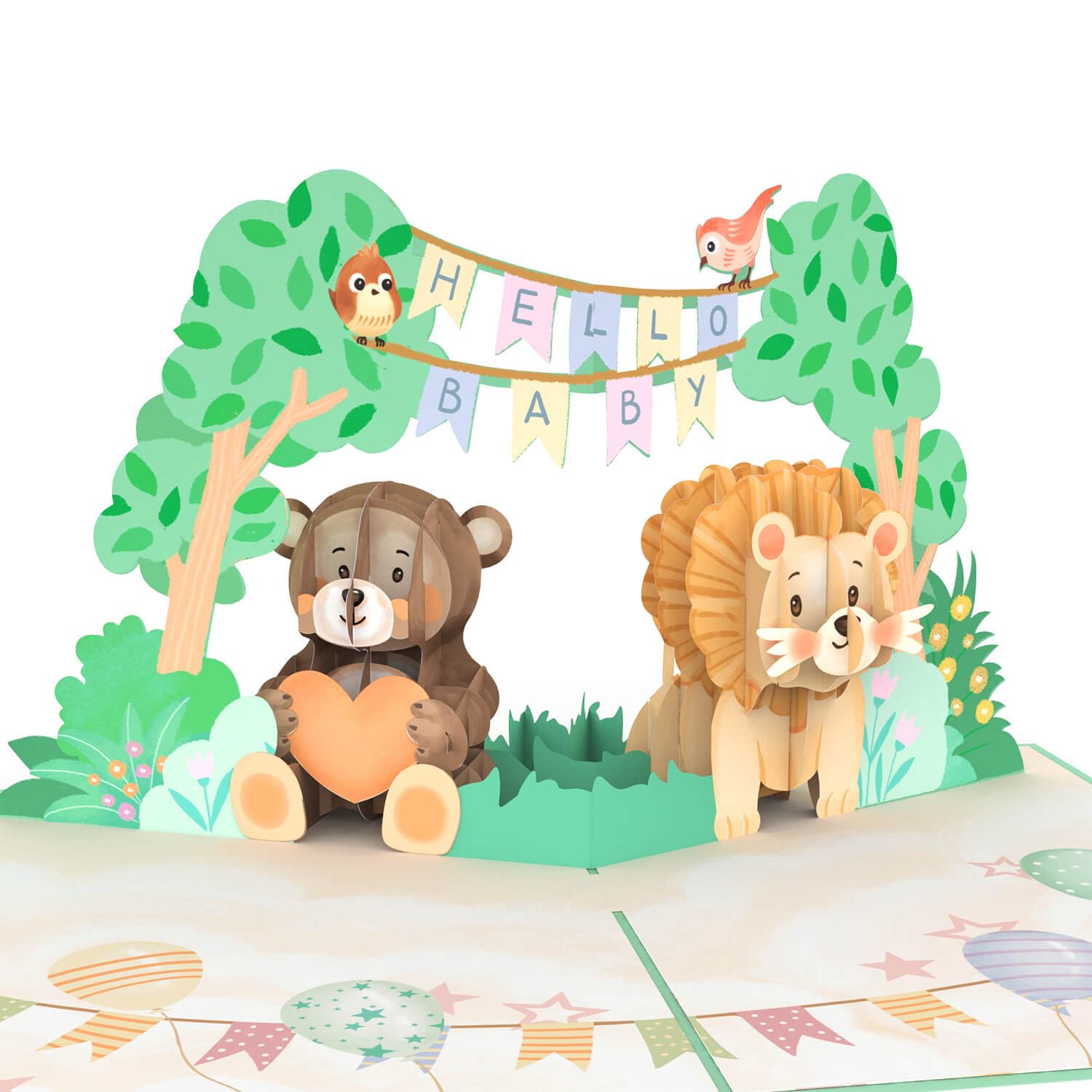 papercrush® Pop-Up Karte zur Geburt Hello Baby mit Tieren - Neutrale 3D Geburtskarte für Mädchen & Jungen, Glückwunsch zum Baby, Geldgeschenk zur Geburt, Handgemachte Babykarte