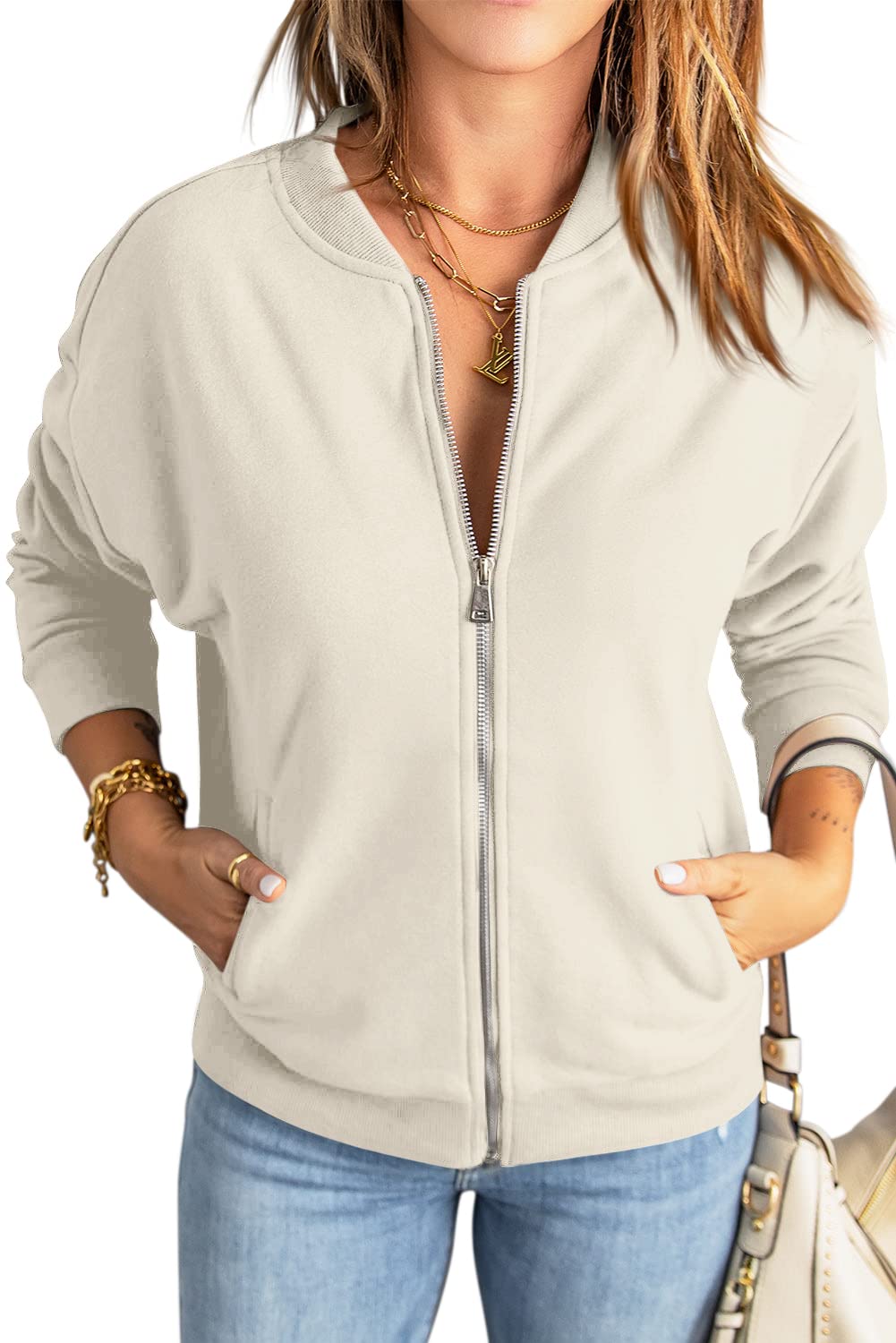 GeGekoko Sweat-shirt zippé pour femme - Veste surdimensionnée - Couleur unie - Manches longues - Haut avec poche