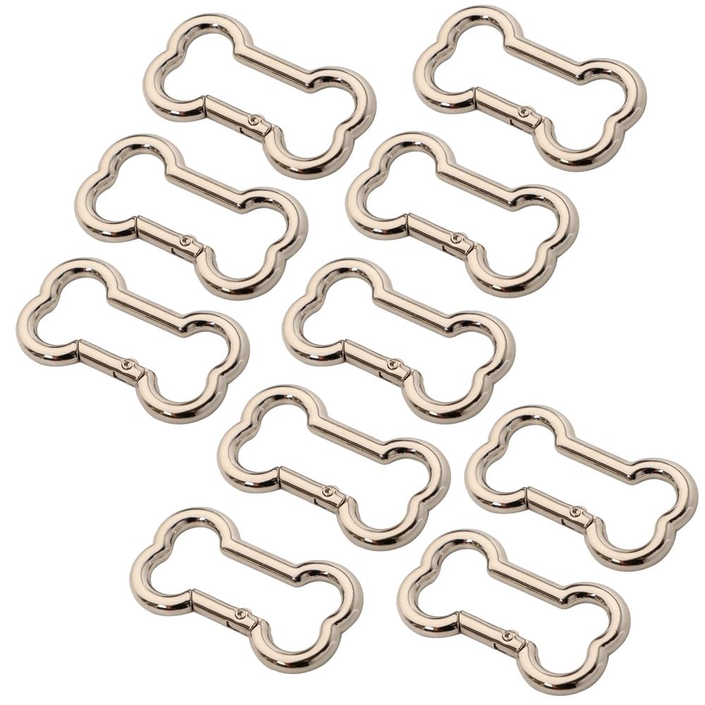 QILANJO 10 Pcs Bone Shape Spring Clasps Alloy Spring Trigger Snap Buckles Open Hoop Ring Carabiner for Dog Collar Keychain Pendents Bags Decor DIY, Silver