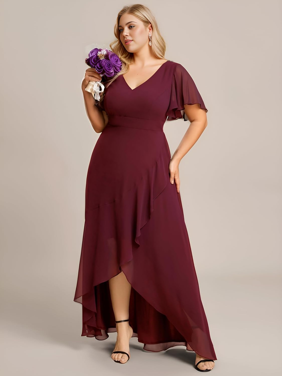 Ever-Pretty Women's Summer V Neck High Low Chiffon Plus Size Curvy Semi Formal Wedding Guest Dresses with Sleeves 1749-DAPH - Image 4