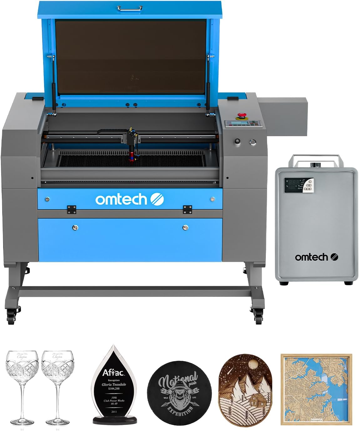 OMTech 90W CO2 Laser Engraver with Water Chiller and example engraved items.