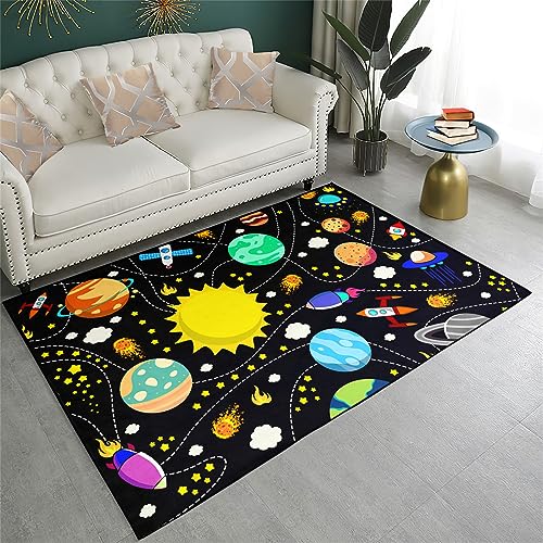 Solar System Rugs for Boys - 3x5 ft Outer Space Children Play Area Rug Satellite Rockets Pattern Satellite Rockets Play Mat Rug for Boys Girls Galaxy Carpet Mat for Dinning Dorm Living Room