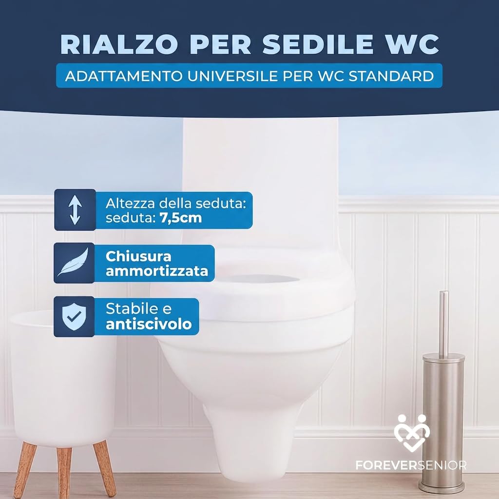 Rialzo WC 7,5 cm – Alzawater con Coperchio e Chiusura Ammortizzata Soft Close, Alzasedia WC Ergonomico per Anziani e Disabili, Montaggio Facile e Antiscivolo