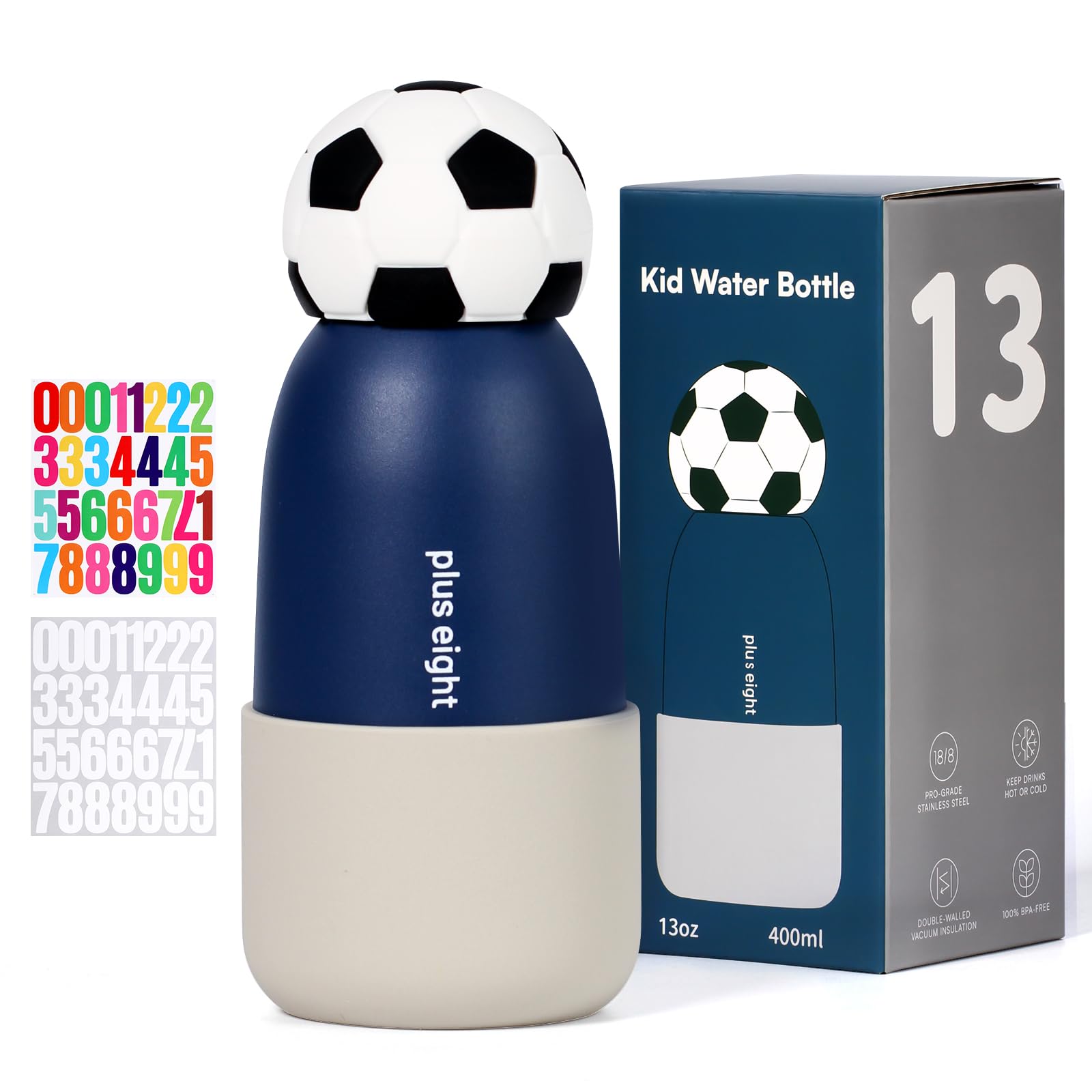 pluseight Football Water Bottle with Straw, 400ml/13oz Stainless Steel Water Bottle with Non-Slip Silicone Base for Sports, Gym or Office (Blue Gray)