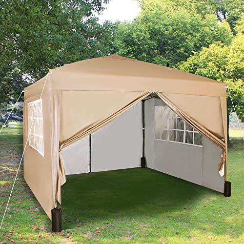 Pop-up Gazebo 3m x 3m with Sides 2 Wind Bars & 4 Weight Bags & Silver Protective Layer Waterproof Marquee Canopy WS (Beige1)