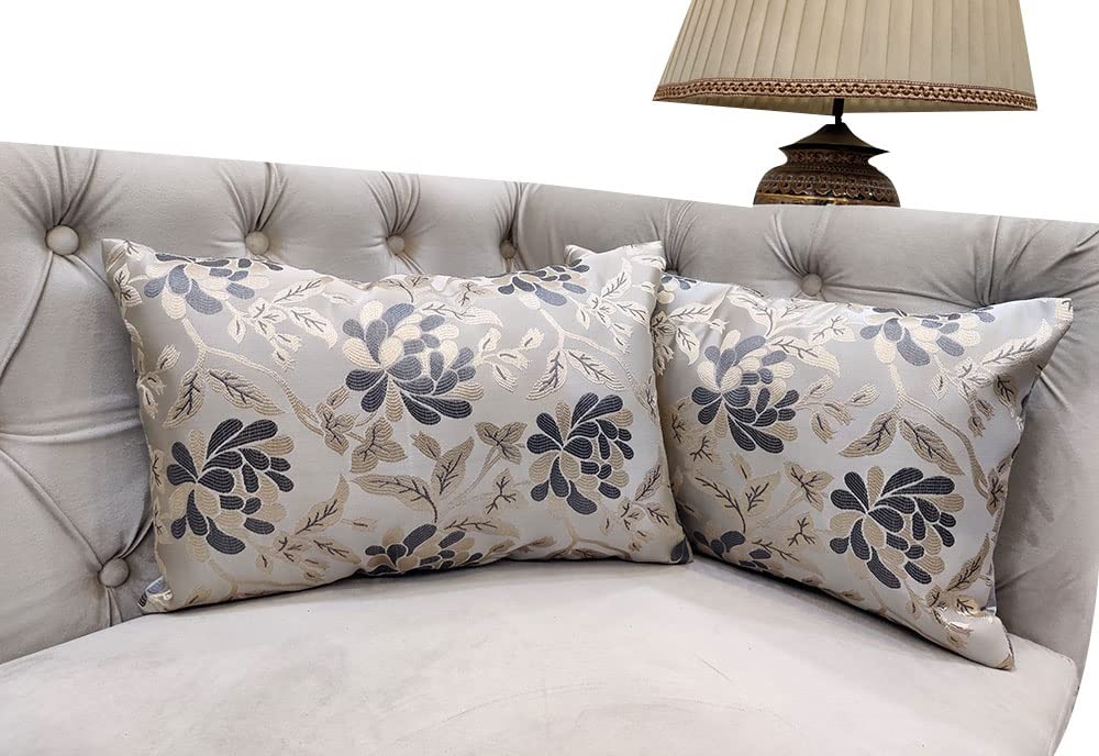 GOODVIBES Grey Silver Damask/Self Design Floral Zipper Rectangle Cushion Covers (12x18 inch or 30 x 45 cm) Set of 2