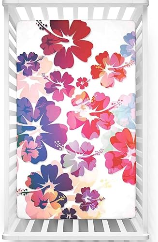 Sábana bajera ajustable con temática hawaiana, suave y elástica, para cuna de bebé para niña o niño, rosa y naranja, 28 x 52 pulgadas