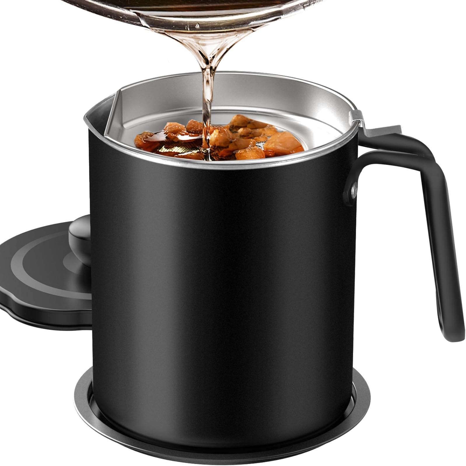 Chihee Grease Container Stainless Steel Bacon Grease Saver with Fine Mesh Strainer 2L / 67.6 fl oz Cooking Oil Keeper Stoarge Can with Dust-proof Lid Non-slip Tray for Kitchen Frying