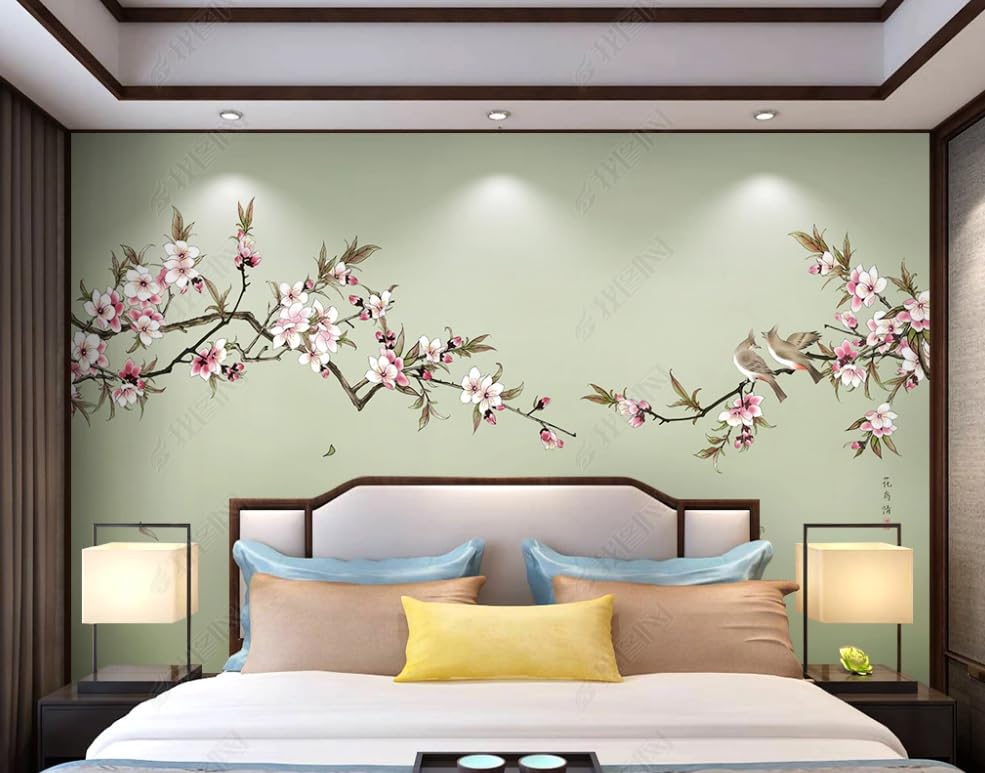 Papier peint intissé oiseau chinois grand format décor fleur de pêcher