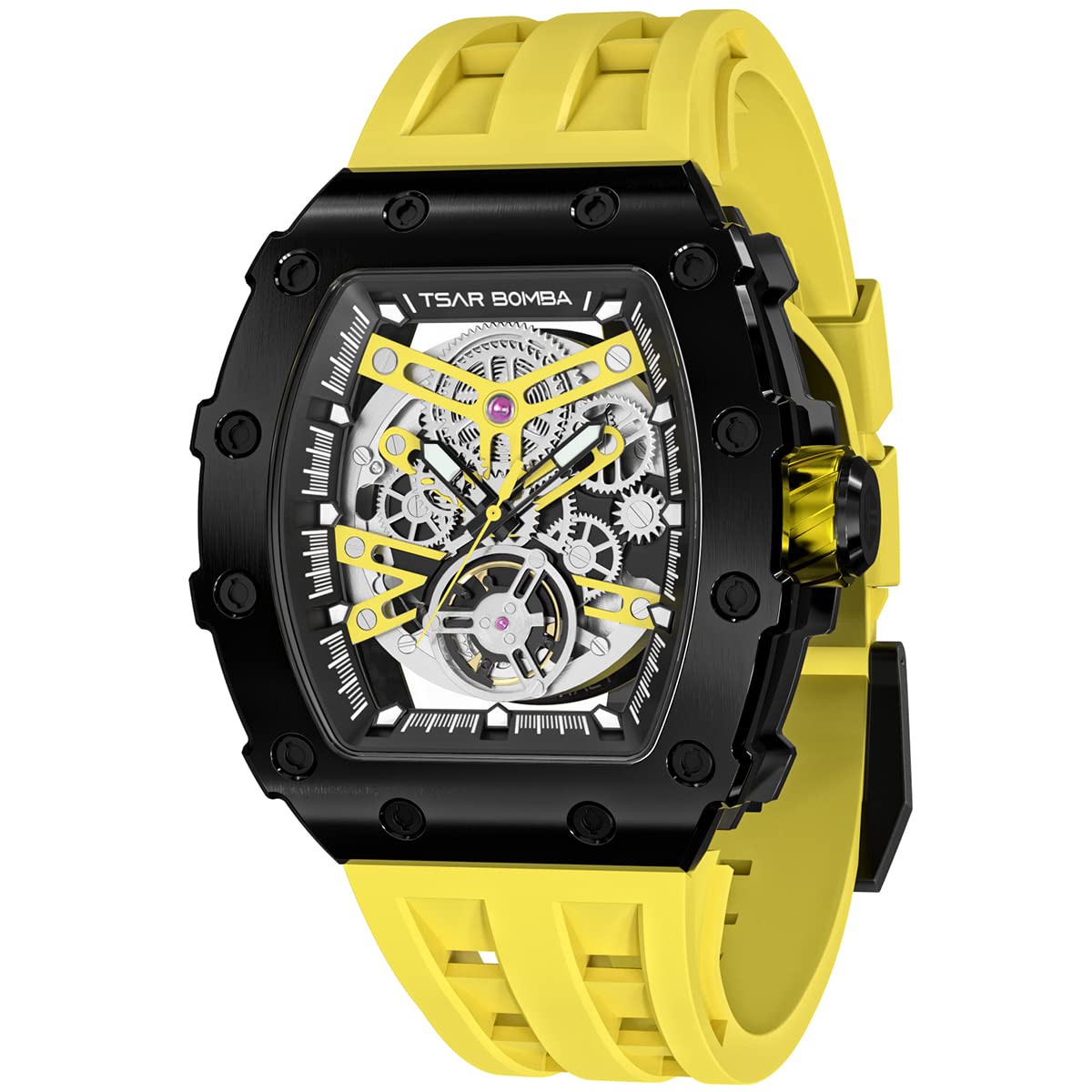 TSAR BOMBA Luxury Automatic Mechanical Watches For Men - Japanese Movement Sapphire Glass - 50M Waterproof Men's Watch - Square Wrist Watches Silicone Band Luminous Elegant Gifts for Men Black Stainless Steel- Yellow