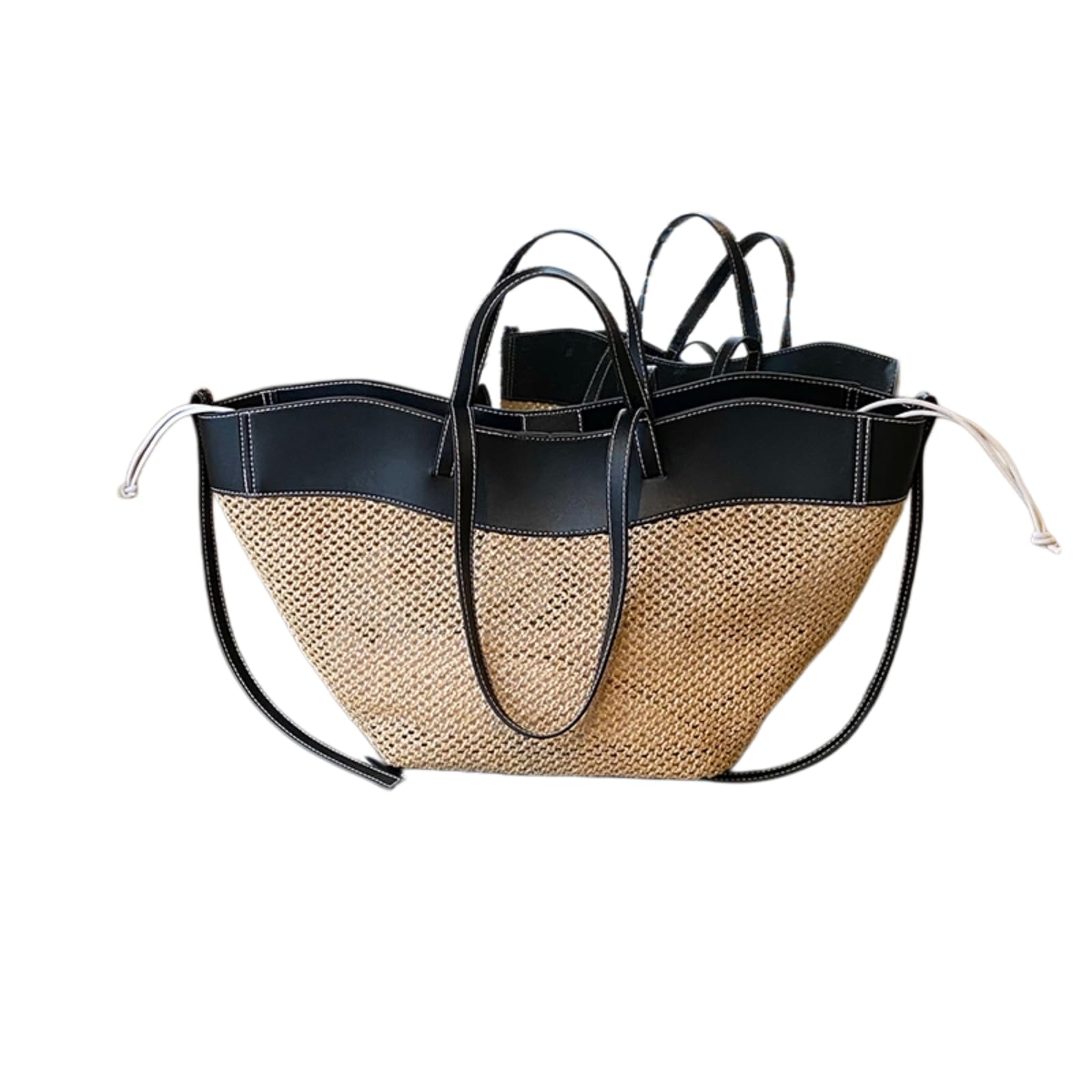 Borsa Spalla Paglia Tessuta in con Finitura Liscia A 2 Vie di Grande capacità-Small Black-Large(Max Length>50cm)