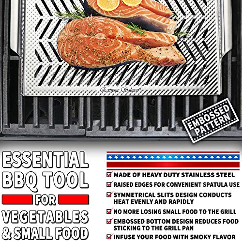 Extreme Salmon Bbq Grill Pan For Vegetables, Embossed Stainless Steel Grill Topper Pan With Handles Professional Grill Cookware Grill Accessories For Barbecue Grills Outdoor Cooking #TOP3