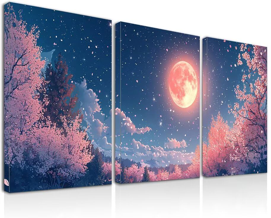 Japanese Cherry Blossom Moon Canvas Wall Art Set of 3 Panels 12x16in Each