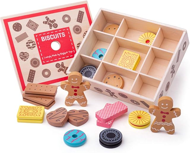 Bigjigs Toys Wooden Box of Biscuits Play Food - 9 Assorted Wooden Play Food Biscuits , Quality Toy Food for Toddlers & Children , Perfect Kids Wooden Kitchen Accessories for Tea Parties