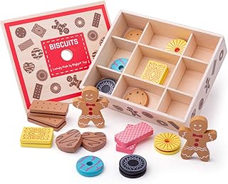 Bigjigs Toys Wooden Box of Biscuits Play Food - 9 Assorted Wooden Play Food Biscuits, Quality Toy Food for Toddlers & Children, Perfect Kids Wooden Kitchen Accessories for Tea Parties