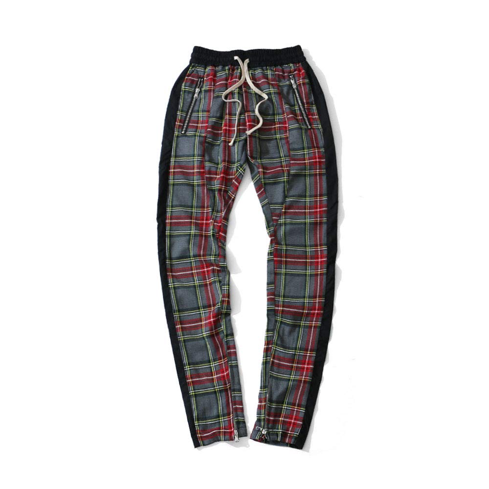 Mens Scottish Plaid Joggers Lattice Track Pants Ankle Strap Zipper Mesh Stretch Waist