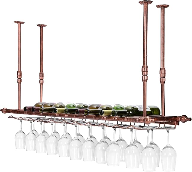 Hanging Wine Glass Holder, Vintage Wine Bottle Holder, Ceiling Decoration Wine Glass Rack, for Bars, Restaurants, Kitchens Stemware Holder, Adjustable Height and WidthBronze 120x30cm