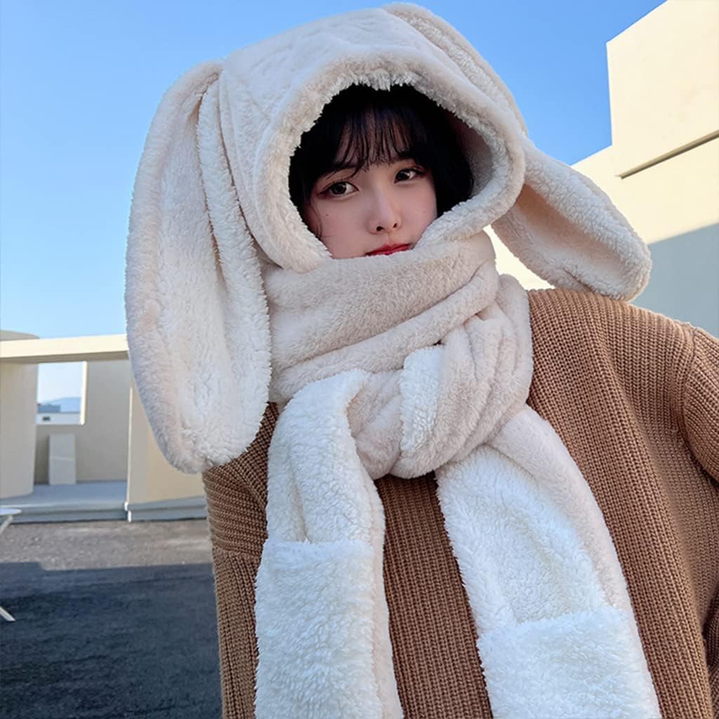 Peiiwdc Rabbit Hat, Long-Eared Plush Winter Warm Scarf Gloves Hoodie Gift for Christmas, New Year, Thanksgiving