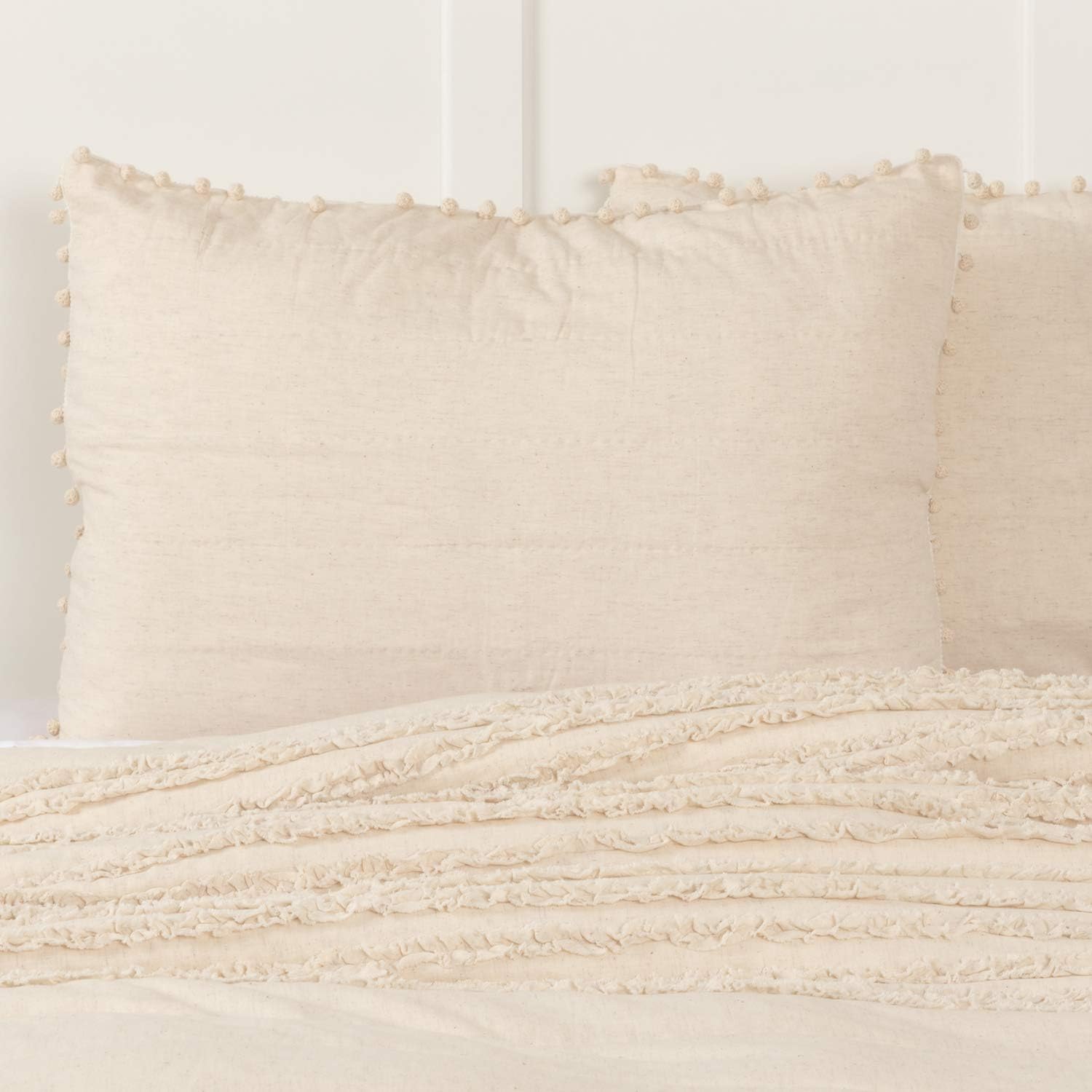 Piper Classics Olivia Standard Sham Bed Pillow Cover w/Macrame Pompoms, 21" x 27", Quilted, Natural Cream Linen/Cotton. Cottage, Boho, Vintage Farmhouse Bedding