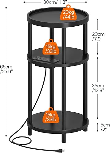 Miniatura 3 de HOOBRO Mesa auxiliar redonda pequeña con estación de carga, mesa auxiliar redonda de bambú de 3 niveles, mesa de noche compacta para espacio