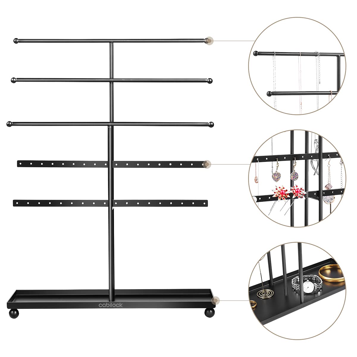 Cabilock Jewelry Holder 3 Tier Metal Necklace Holder Jewelry Organizer Display Bracelet Hanger Tower Jewelry Tree Stand with Jewelry Tray Base for Necklaces Bracelet Earrings Ring