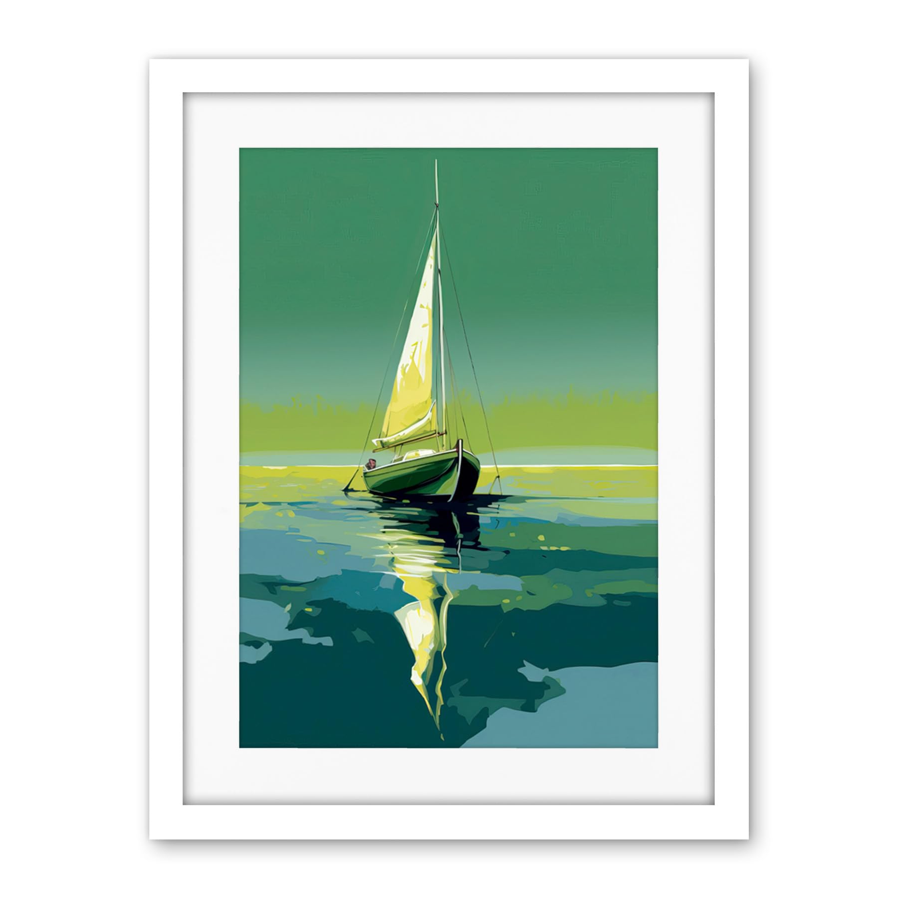 Artery8 A Sailboat on a Calm Sea Under a Cloudless Sky Artwork Framed Wall Art Print 18X24 Inch