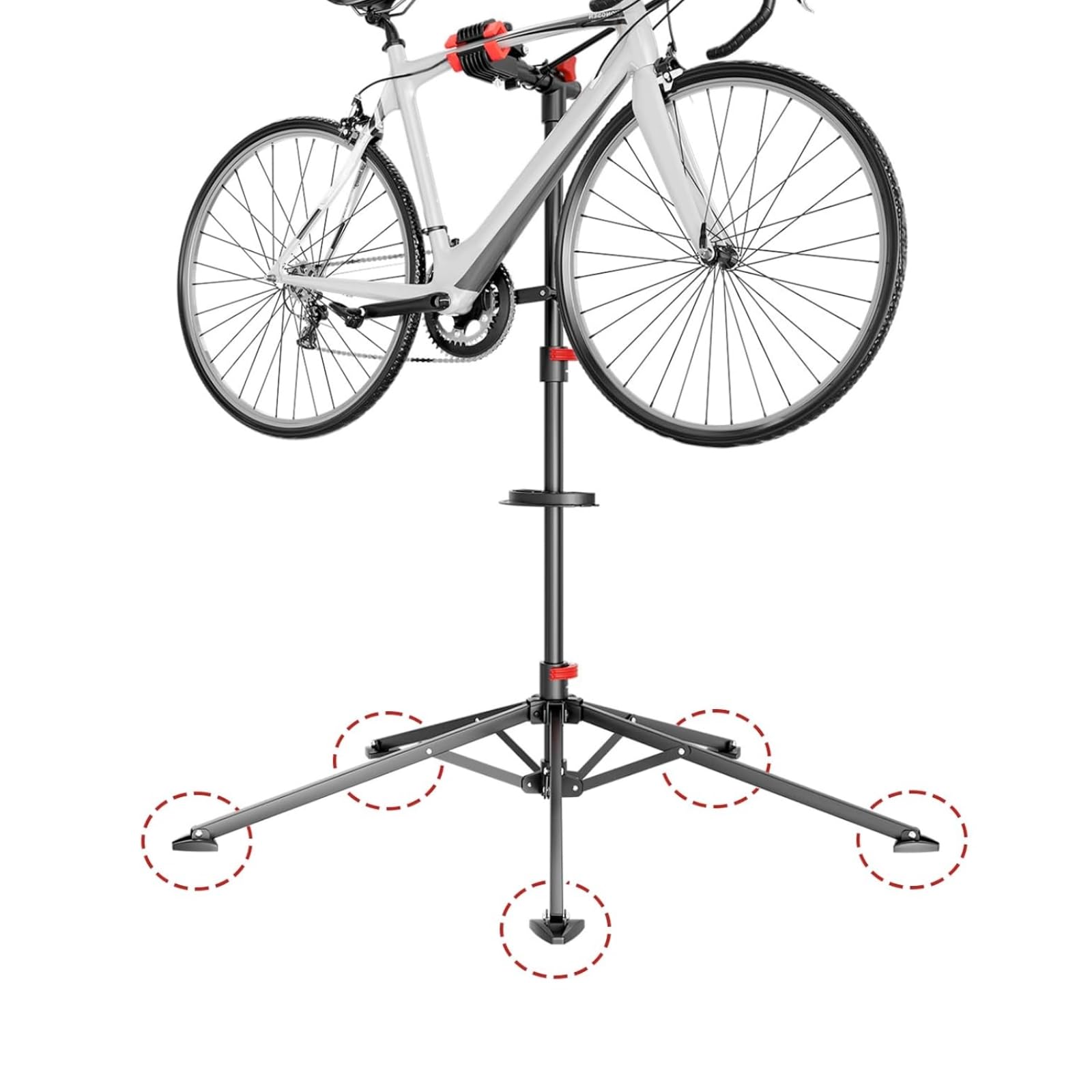 KARAT - Pied de Montage vélo jusqu'à 30 kg - Support de réparation Professionnel avec Plateau à Outils, Pivotant, Pliable, Hauteur réglable - 128 L x 128 l x 113,5-193 H cm, Noir-Rouge (Lois)
