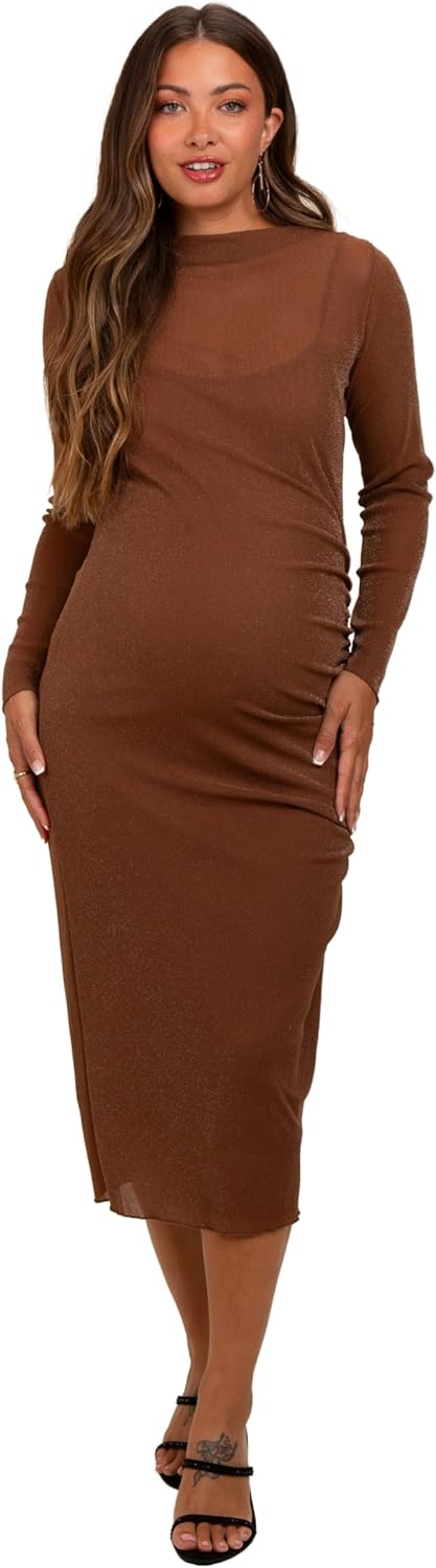 PinkBlush Shimmer Mesh Long Sleeve Ruched Maternity Midi Dress
