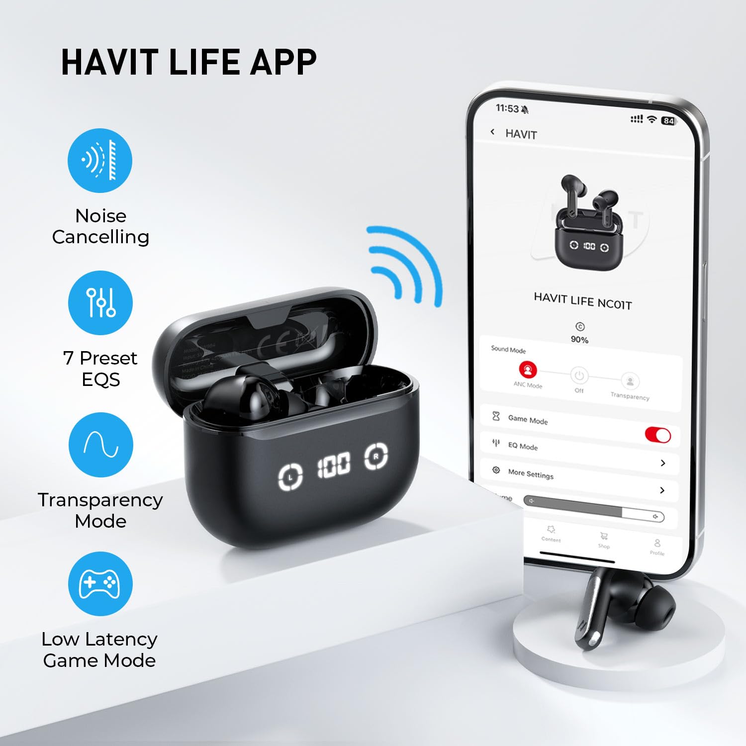 havit NC01T Cancelación activa de ruido auriculares sin blancos, 4 micrófonos ENC AI Llamada Inalámbrica Bluetooth Cancelación de ruido 40H Tiempo de reproducción 7 ecualizadores preestablecidos a