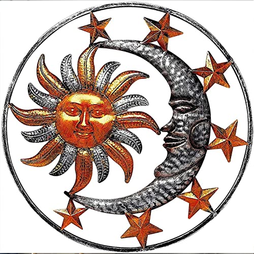 Labstandard Escultura bohemia para el sol y la luna para colgar en la pared, adornos de metal hechos a mano, decoración de pared para jardín, oficina, arte de pared