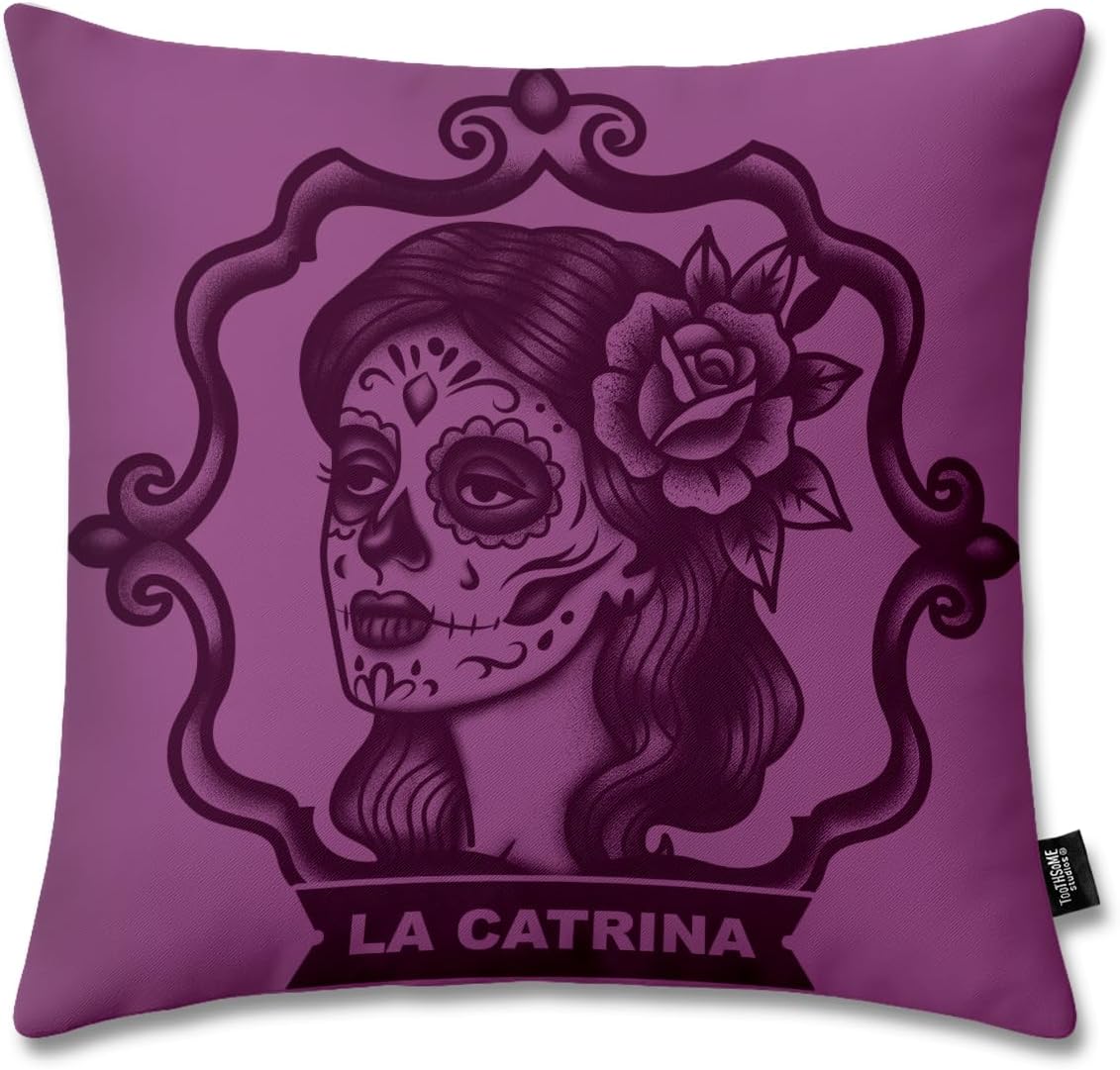 Frida 2-Pack Day of the Dead Throw Pillow Cases, 15.35 x 15.35 inches, (Insert/Filing Not Included), Dia De Muertos Lotería Theme, Colorful Plush Decor (2, DiegoYFrida,FridaHaciendoPan)