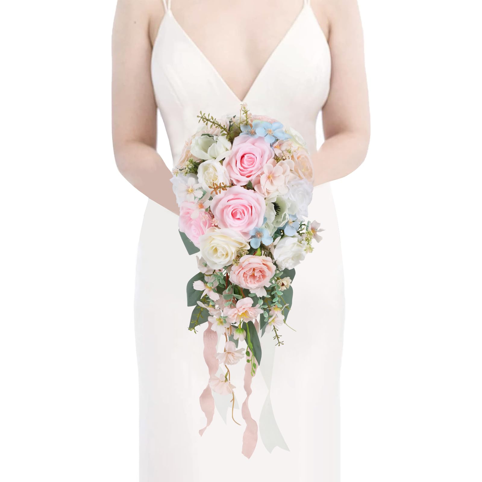 INSUNSIX Blush Pink Cascading Bridal Bouquet with sagging greenery