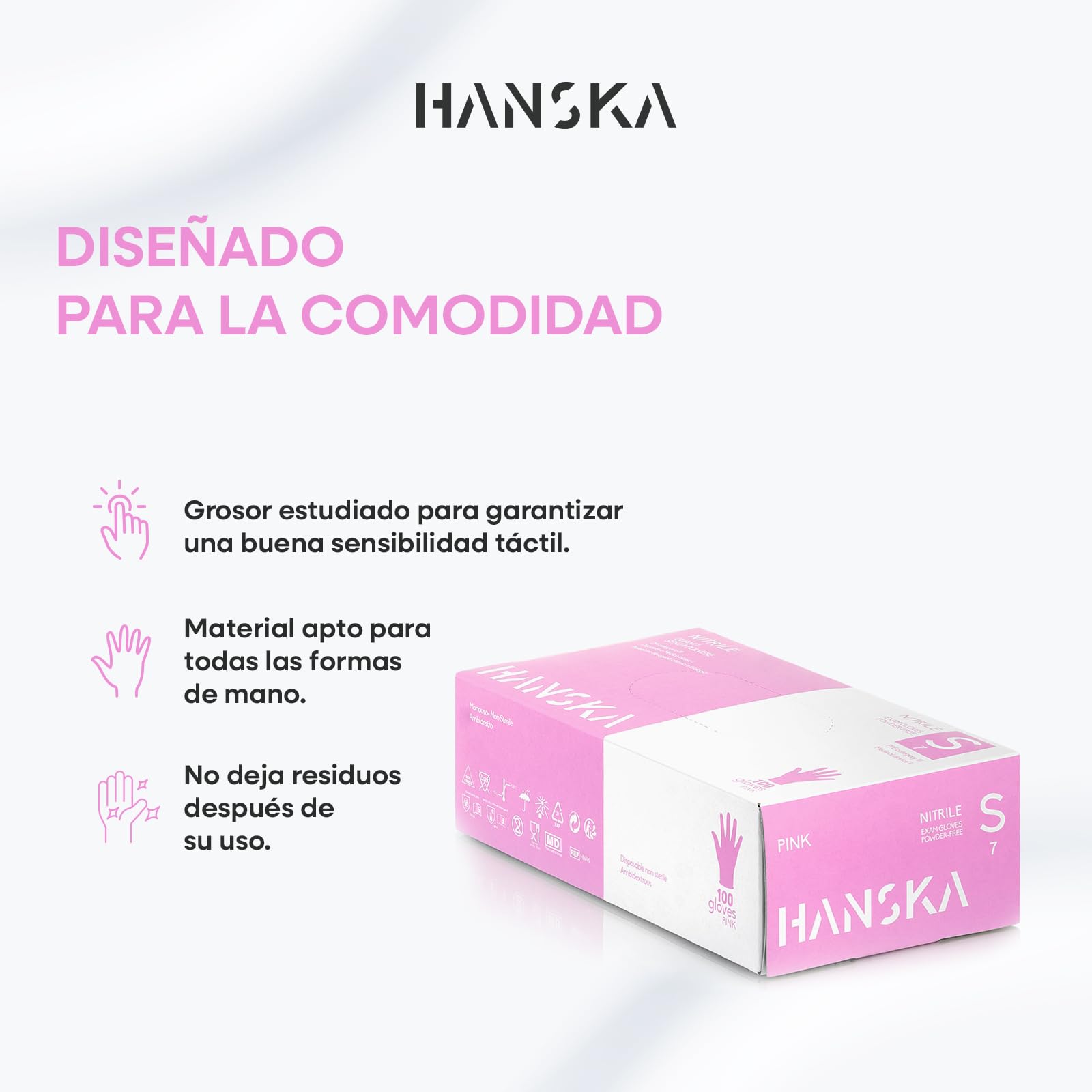 HANSKA 100 Guantes desechables de nitrilo rosas - Sin polvo - Desechables - Ambidiestros - No estériles - Base de goma - Apto para áreas médicas y manipulación de alimentos (100, S)