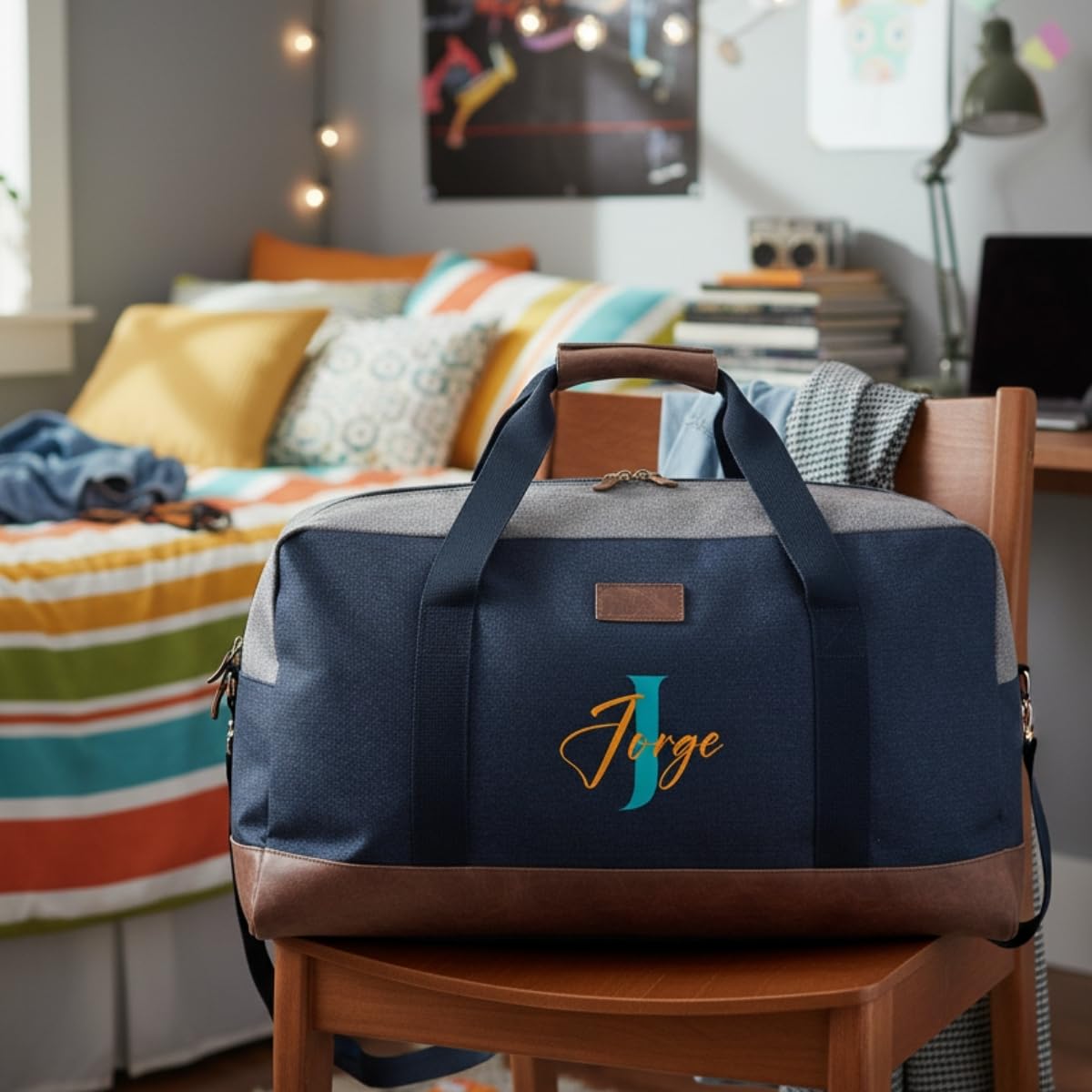 DEREGALOOS Bolsa de Viaje Personalizada con Nombre. Bolsa de Deporte de 47,5L en Algodón con Detalles Marrones. Ideal para Escapadas, Gimnasio (Azul - Inicial y Nombre) - 5