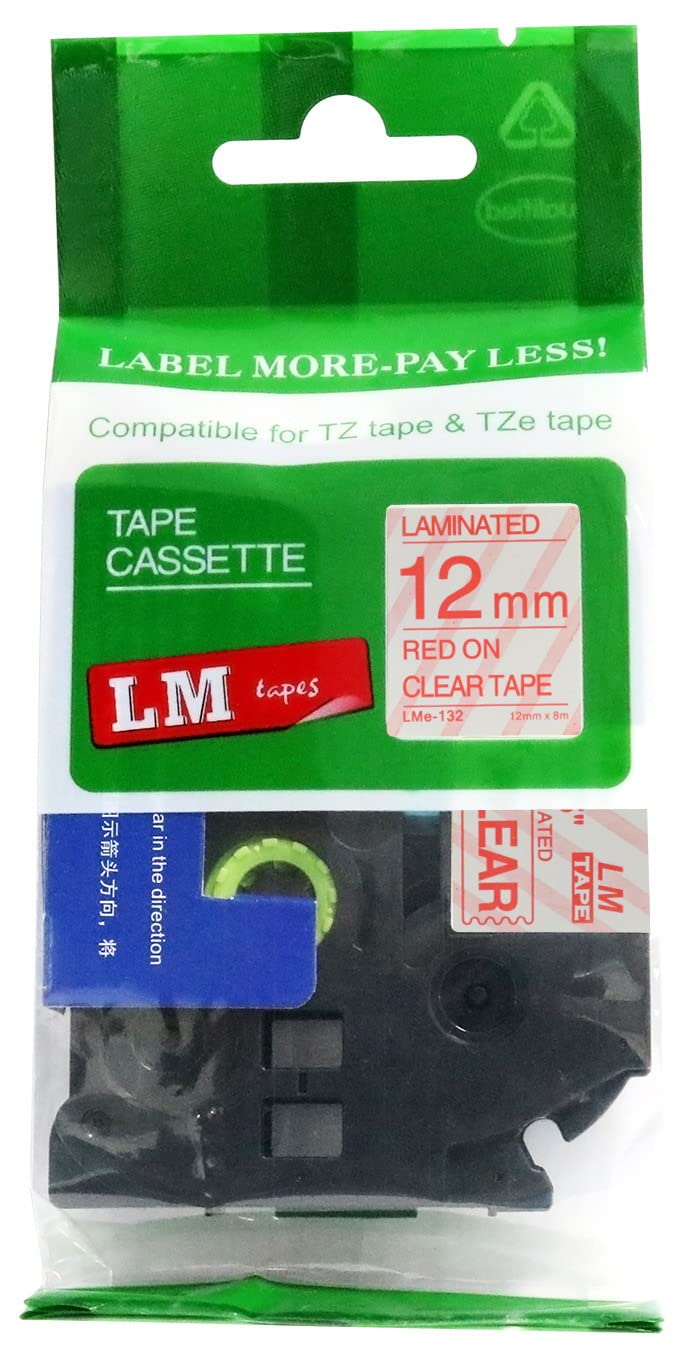 LM Tapes - Premium 1/2" (12mm) Red on Clear Compatible TZe P-Touch Tape for use with Brother PT-P300 Cube Ptouch Label Printer Includes Tape Size/