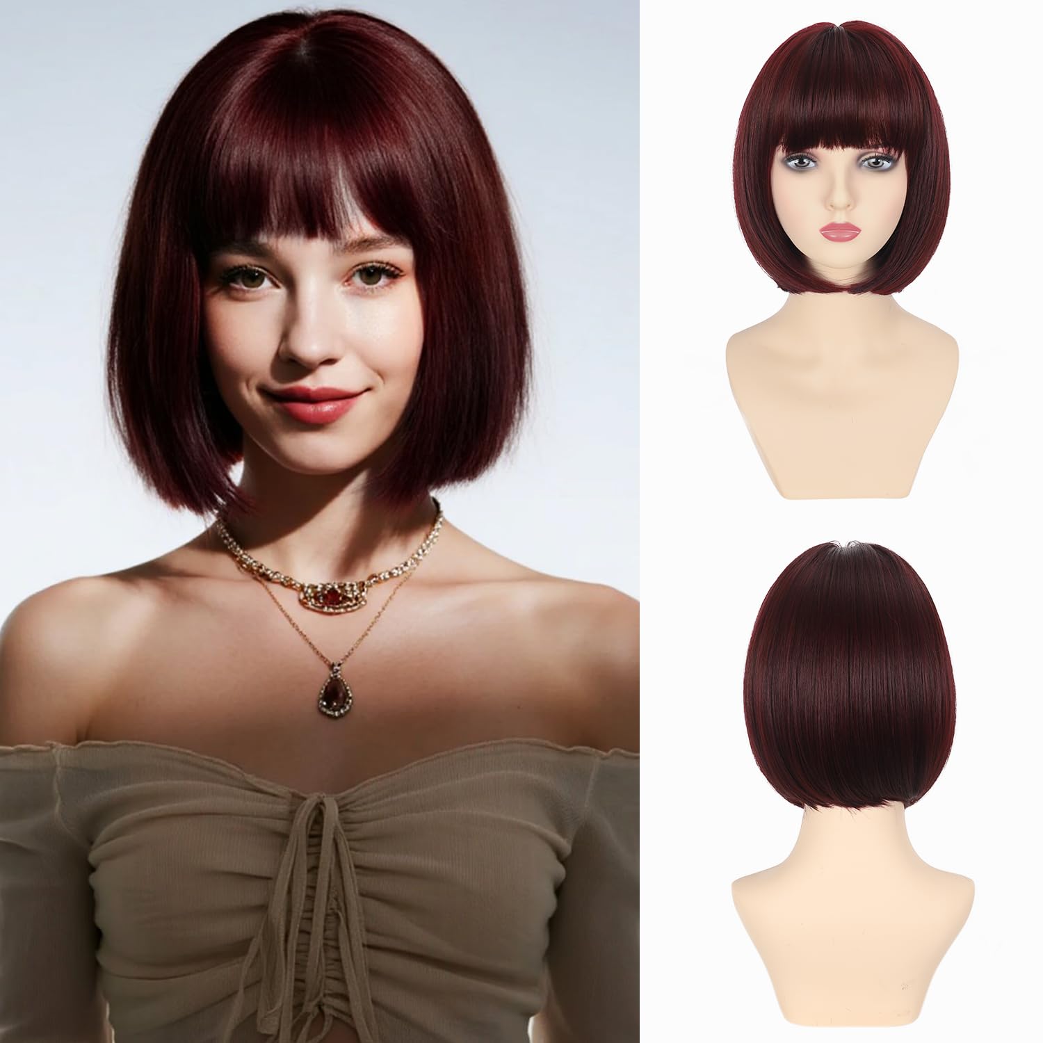 Amazon.com : Wine Red Bob Wig with Bangs Short Straight  display picture 3